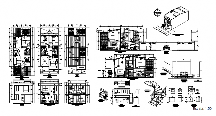 House 2 floors plan, elevation and section detail dwg file