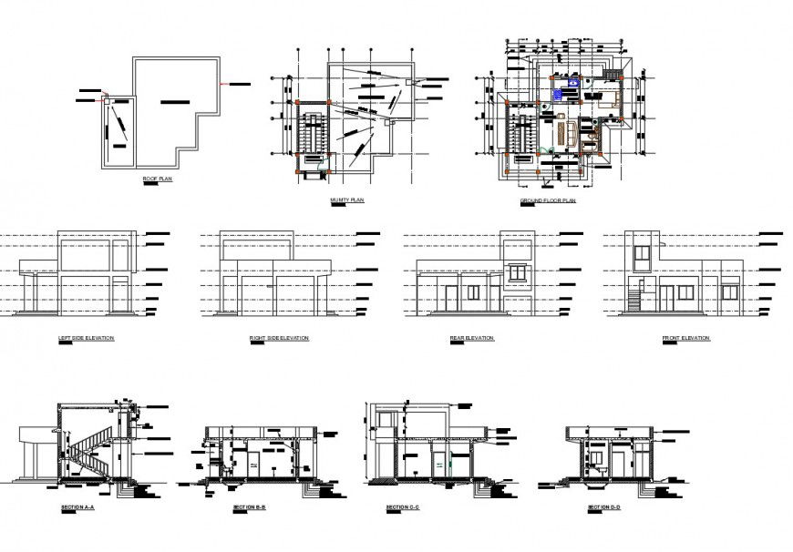 House all sided elevation, section, floor plan and roof plan details dwg file