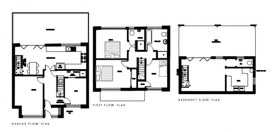 House basement, ground and first floor plan drawing details dwg file
