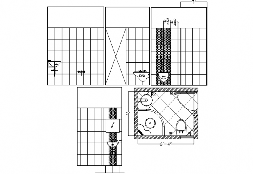 House bathroom and toilet section, plan and installation drawing details dwg file