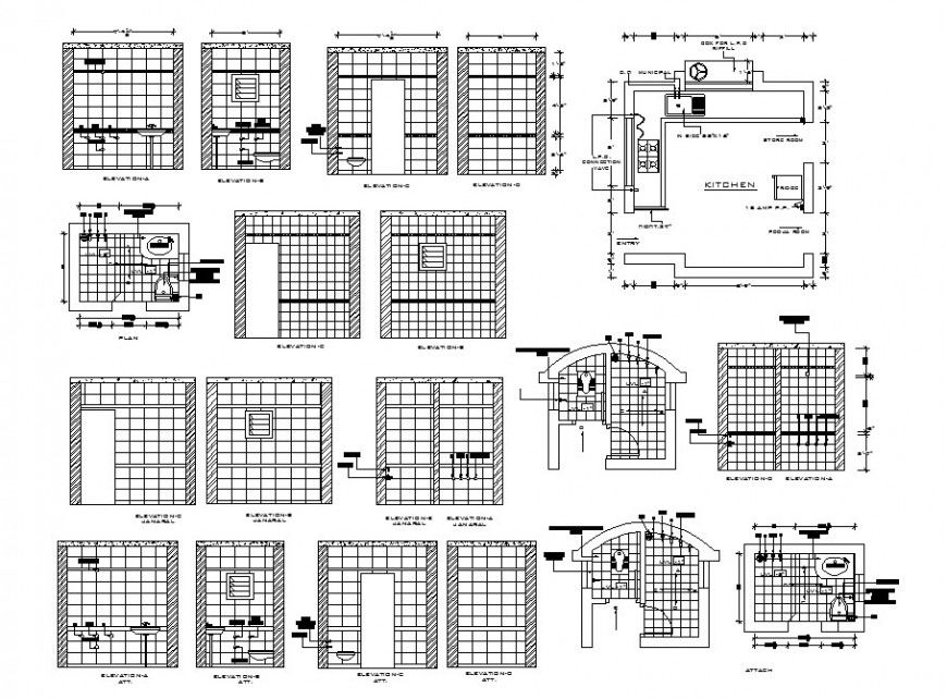 House bathroom attached to kitchen-section, plan and installation details dwg file