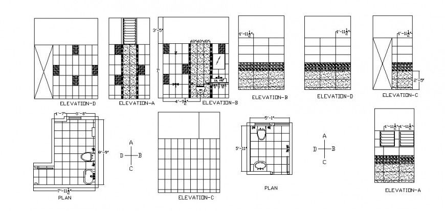 House bathroom elevation, section, plan and installation dwg file