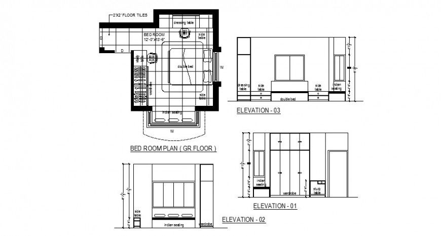 House bedroom all sided elevation, plan and furniture cad drawing details dwg file