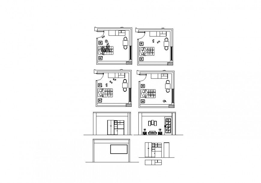 House bedroom elevation, section, plan and furniture details dwg file