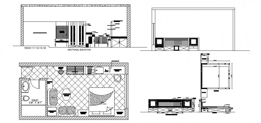 House bedroom elevation, sectional elevation, plan and furniture layout drawing details dwg file