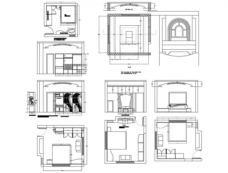 House bedroom section, plan, interior and furniture layout details dwg file