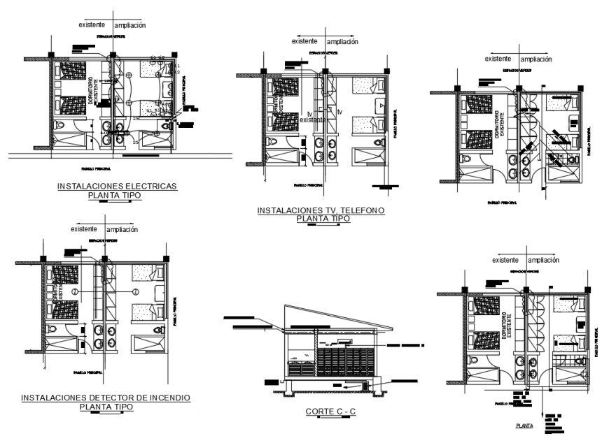 House bedroom sectional, interior, installation and auto-cad details dwg file