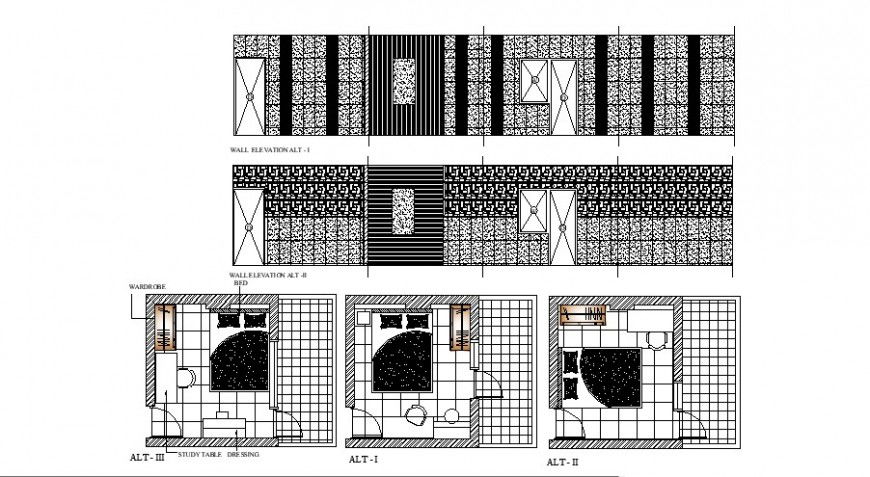 House bedroom wall elevation, plan and furniture cad drawing details dwg file