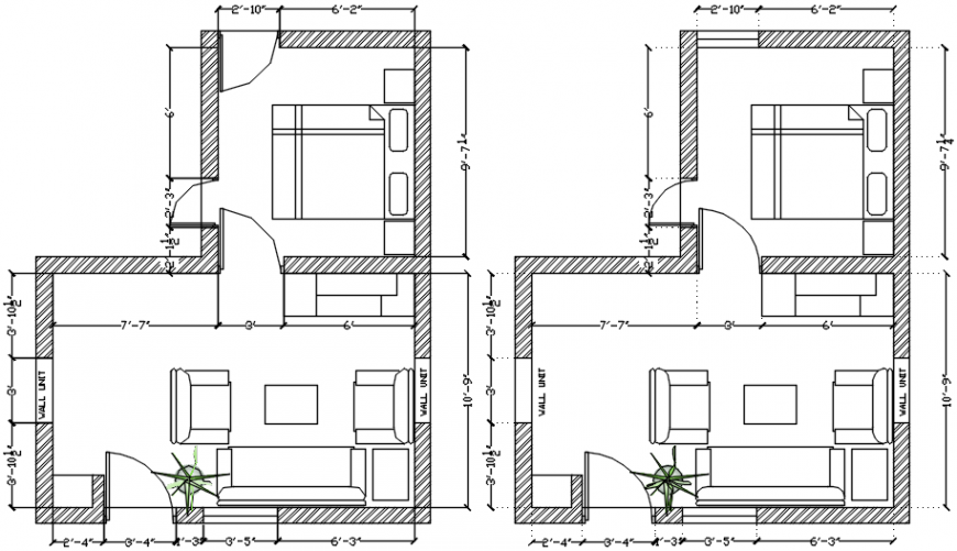 House bedrooms layout plan with furniture cad drawing details dwg file