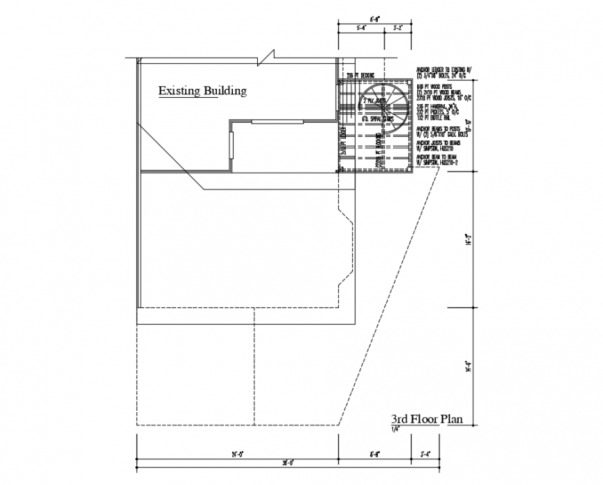 House building general third floor plan with structure details dwg file