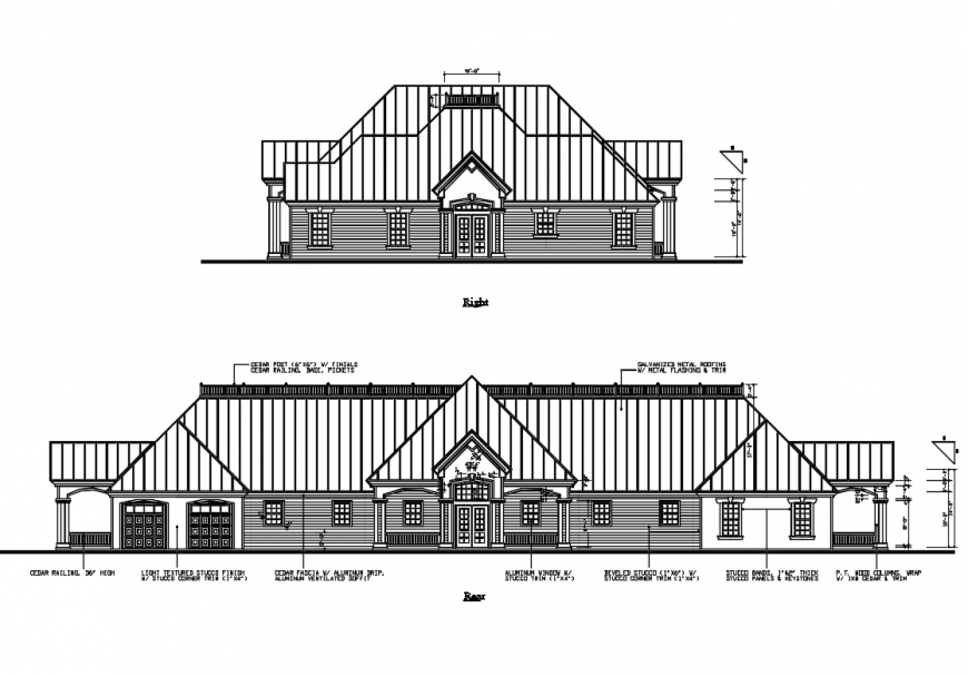 House building right and rear elevation cad drawing details dwg file