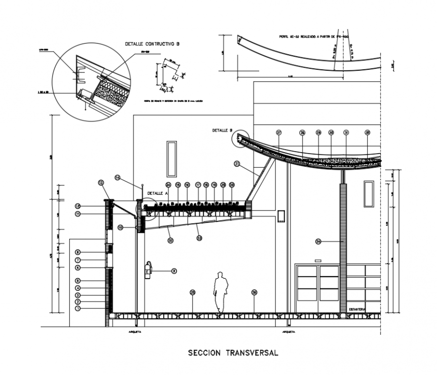 House building section details with roof with garden dwg file