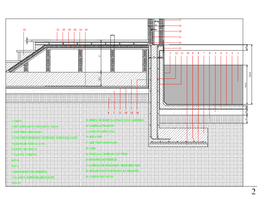House building section facade with technical specifications dwg file