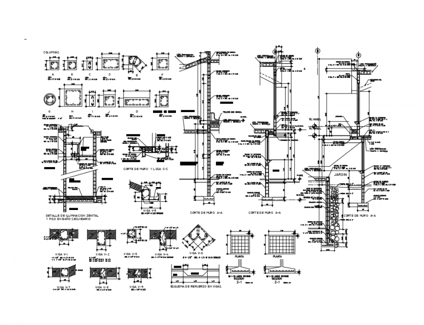 House building several constructive details with reinforced concrete dwg file