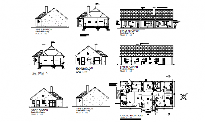 House design Modified print plan, elevation and section detail dwg file
