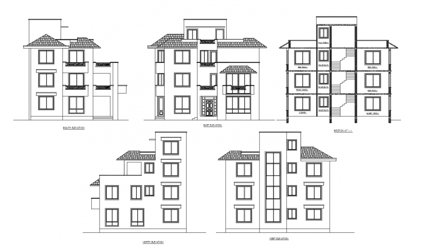 House design with front view with sectional view and north and south side design dwg file