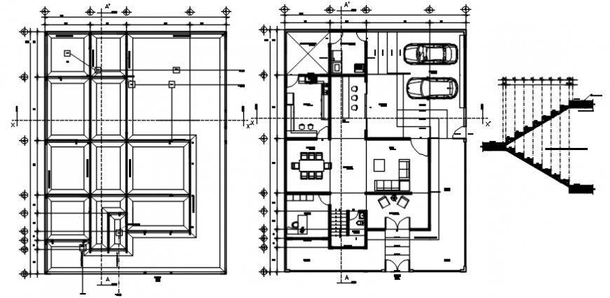 House distribution plan, cover plan and staircase cad drawing details dwg file