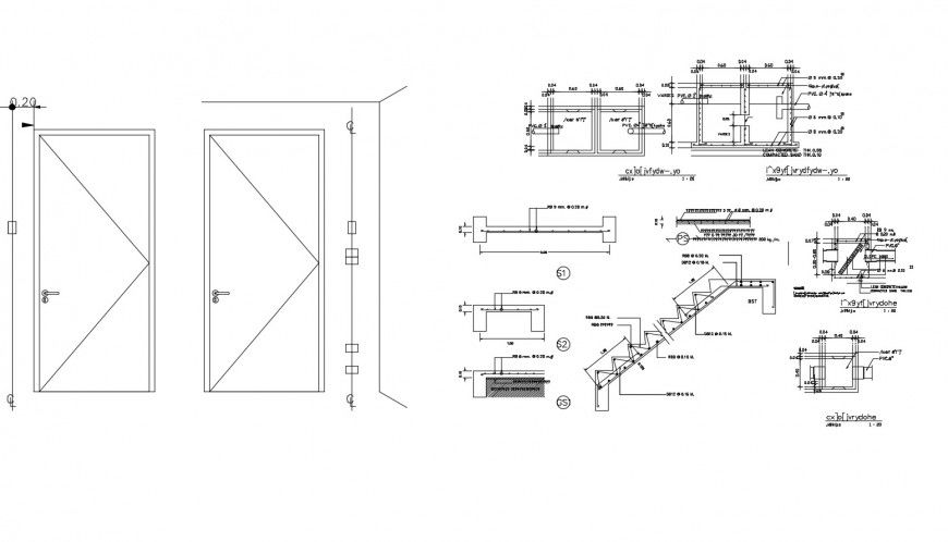 House door elevations and staircase section and construction cad drawing details dwg file