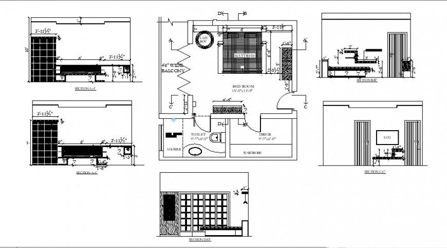 House double bedroom section, plan and furniture layout cad drawing details dwg file