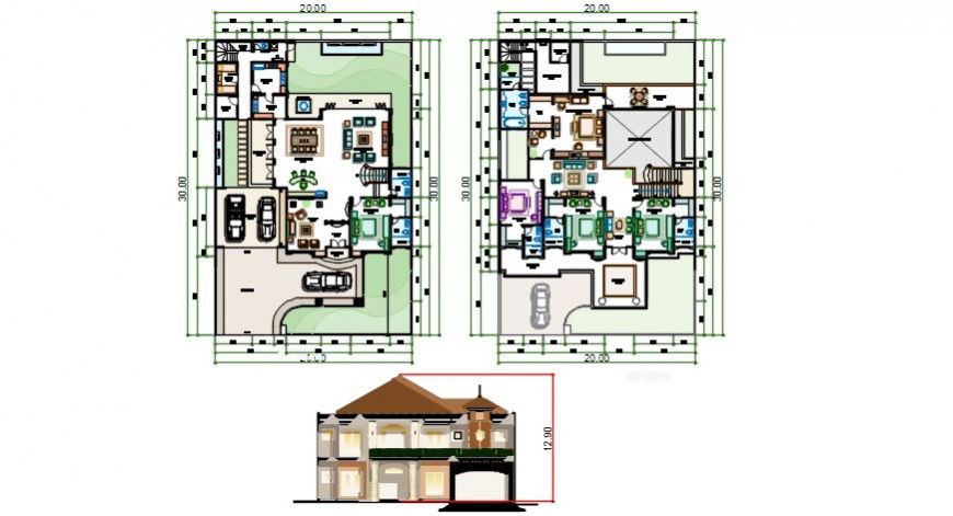 House drawing elevation and floor plan 2d view dwg autocad file
