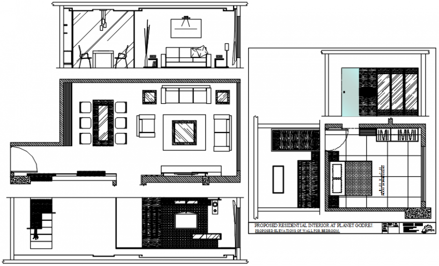House drawing room section, plan and bedroom plan drawing details dwg file