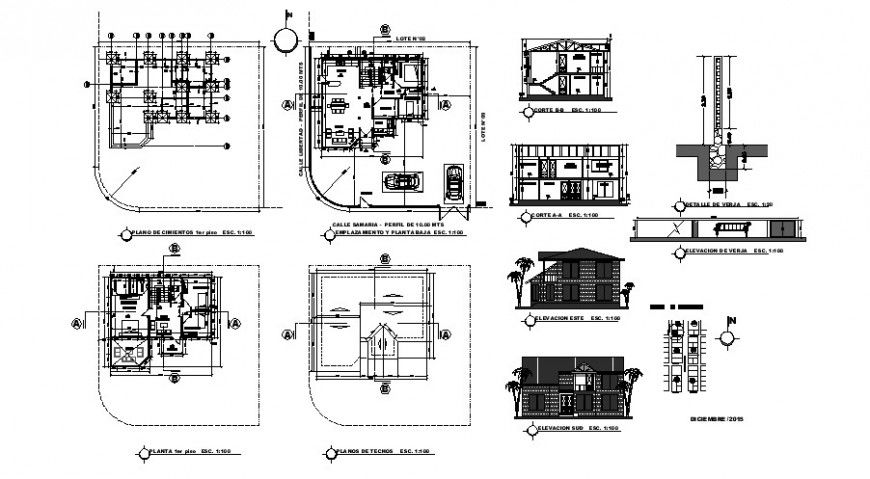 House elevation, section, floor plan, foundation plan and structure details dwg file