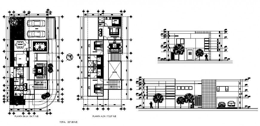House elevation, section and first and second floor plan cad drawing details dwg file