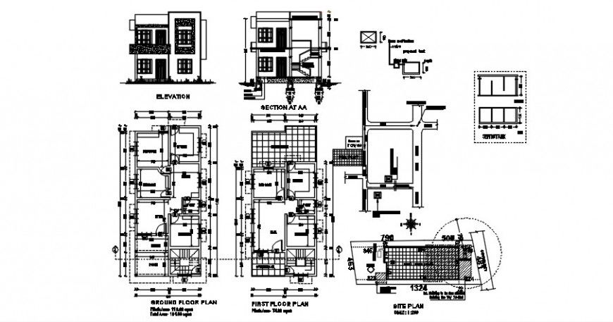 House elevation section and plan details 2d view autocad file
