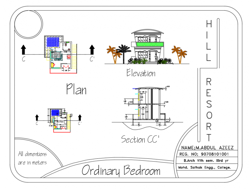 House elevation with ordinary bedroom with study room plan cad drawing details dwg file