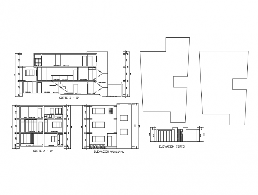 House facade elevation, gate elevation with front and back sectional details dwg file