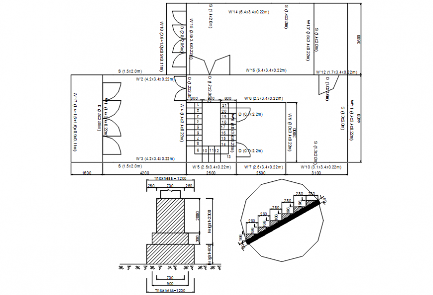 House first floor plan, elevation and foundation detail
