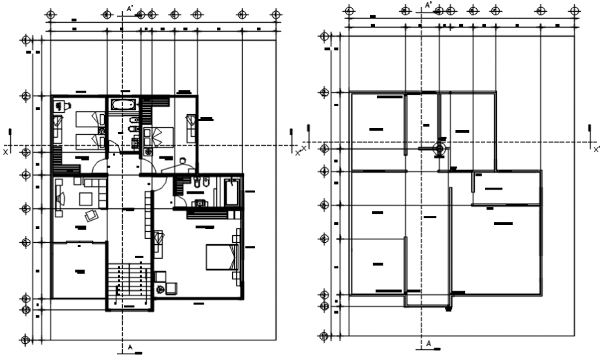House floor layout plan with furniture and structure cad details dwg file