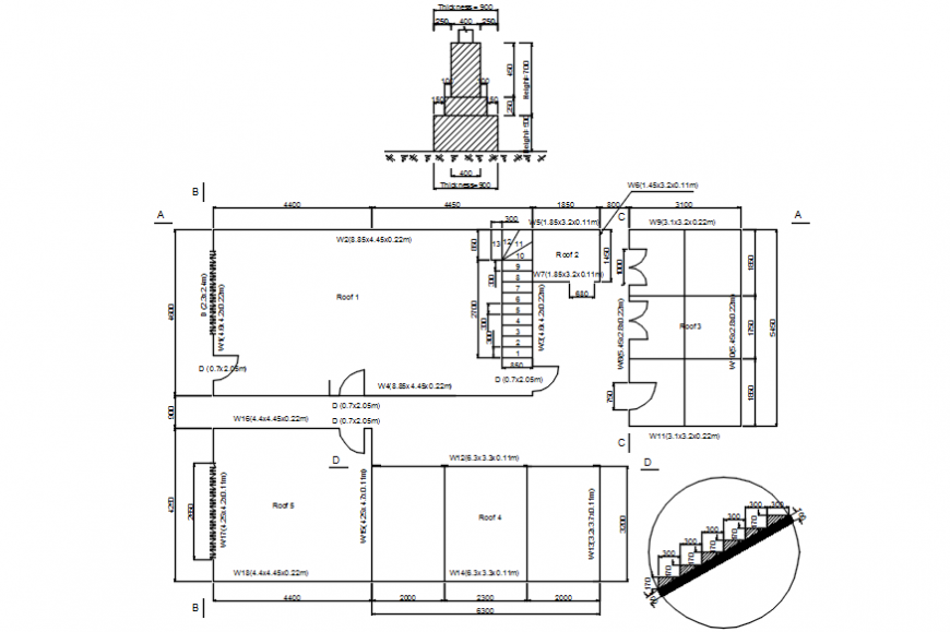 House floor plan, stair detail and foundation cad file