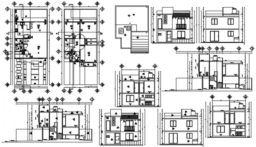 House floor plan and different axis elevation in AutoCAD