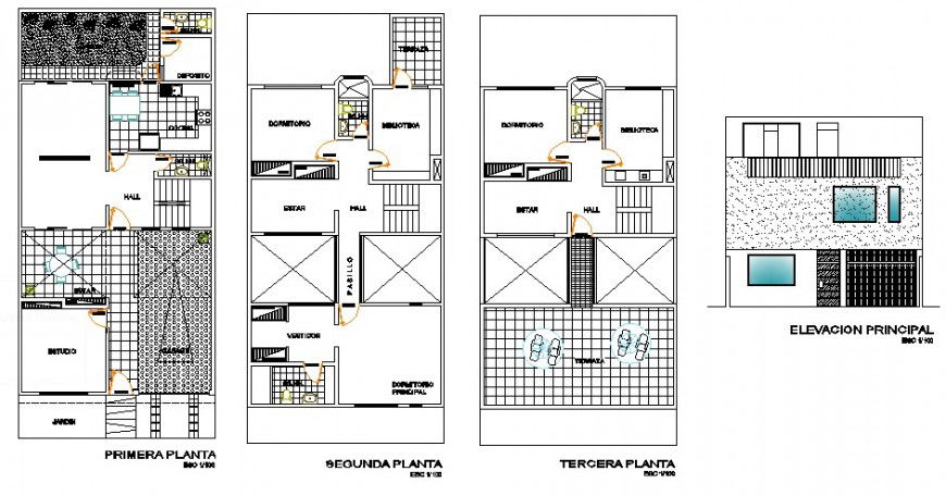 House floor plan and elevation drawing 2d view autocad file