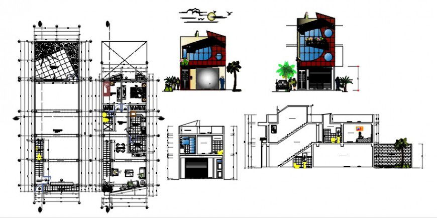 House floor plan drawing detail 2d view with elevation and section dwg file