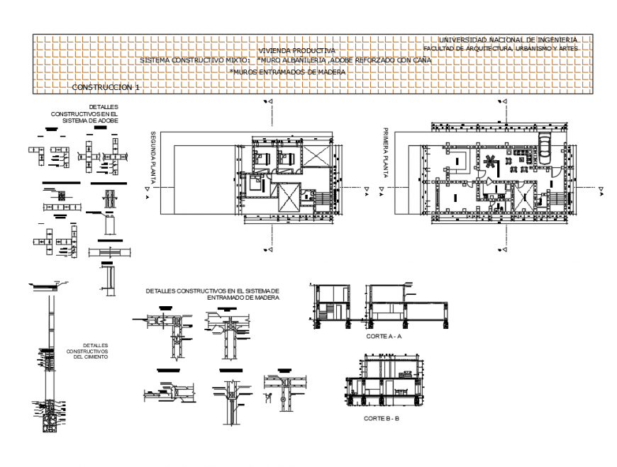 House floor plan with constructive details in the wood framing system dwg file