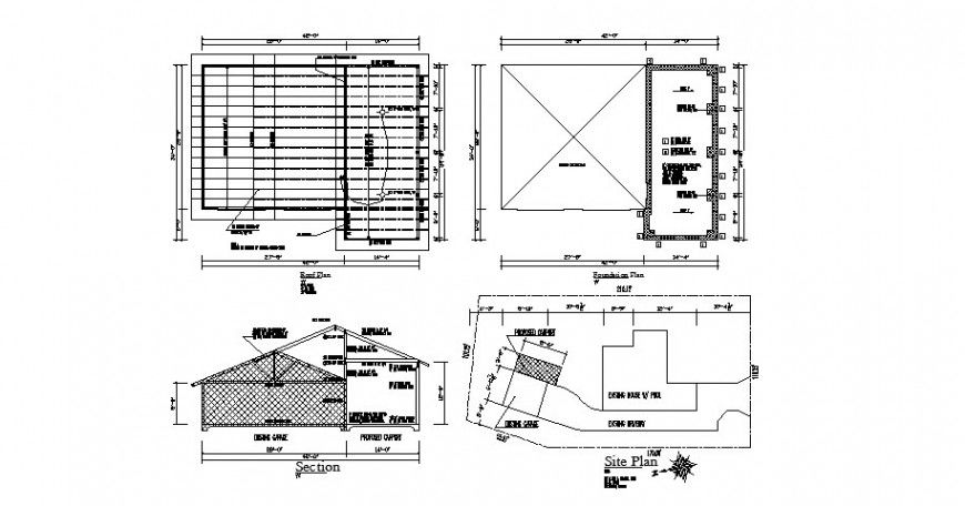 House foundation, roof plan, site plan and constructive section details dwg file