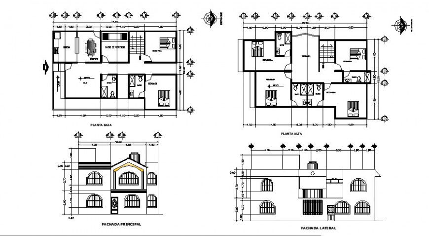 House front and lateral elevation and floor plan cad drawing details dwg file