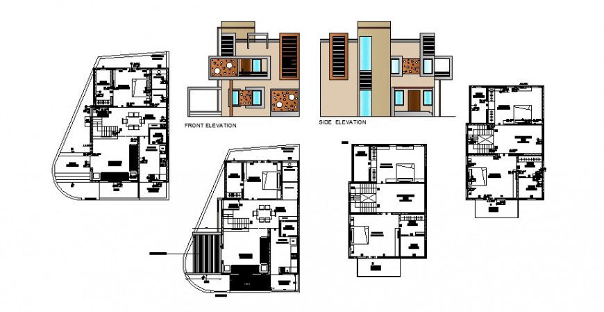 House front and side elevation and floor plan cad drawing details dwg file