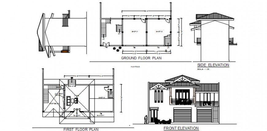 House front and side elevation and ground and first floor plan details dwg file