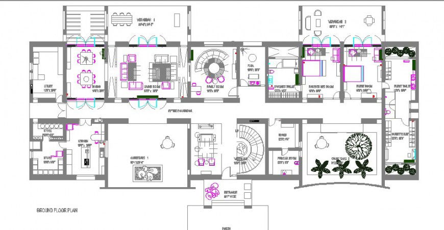 House ground floor layout plan details for single family dwg file
