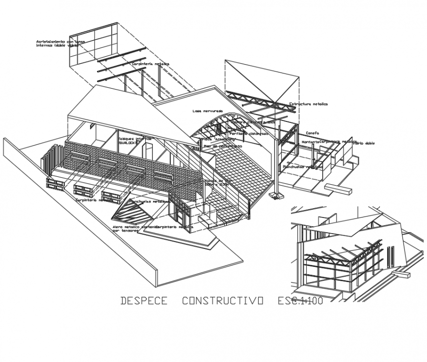 House isometric building constructive section details dwg file