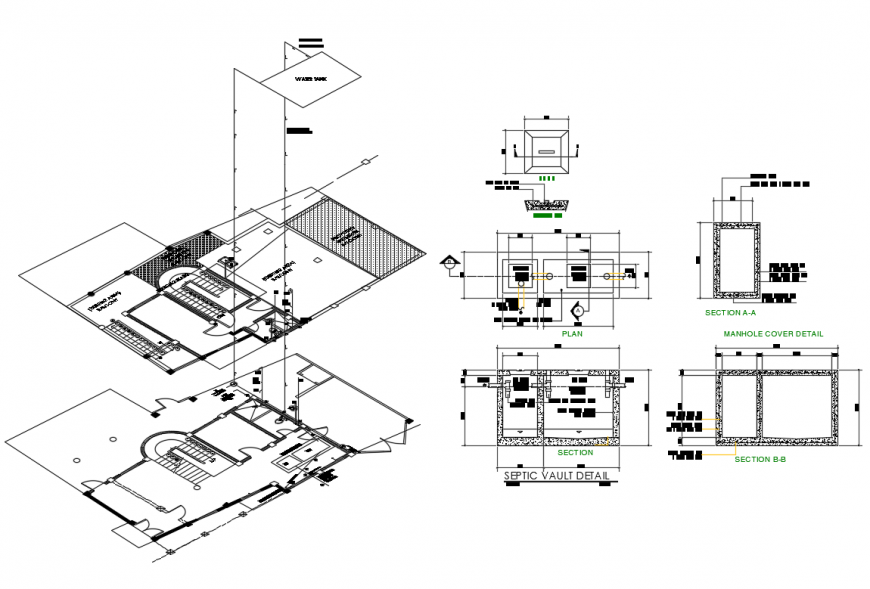 House isometric layout plan view with manhole cover and septic vault details dwg file