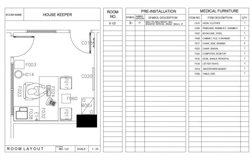 House keeper office room layout plan cad drawing details dwg file
