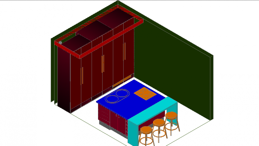 House kitchen 3d top view design cad drawing details dwg file