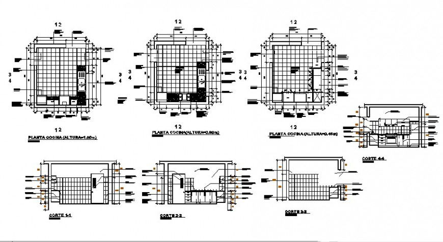 House kitchen all side section, plan and interior details dwg file