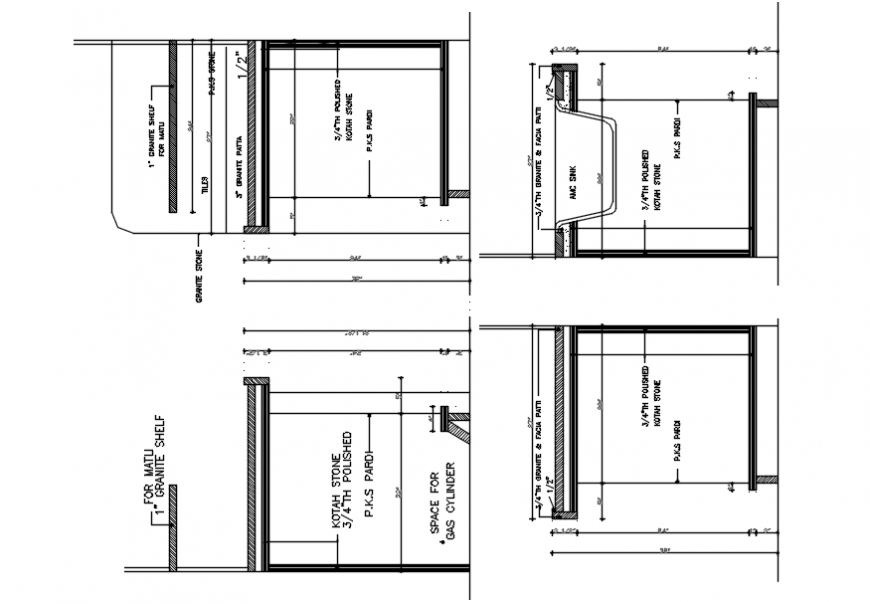 House kitchen all sided constructive section and plumbing details dwg file