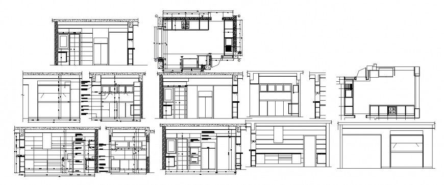 House kitchen all sided elevation, section and plan cad drawing details dwg file