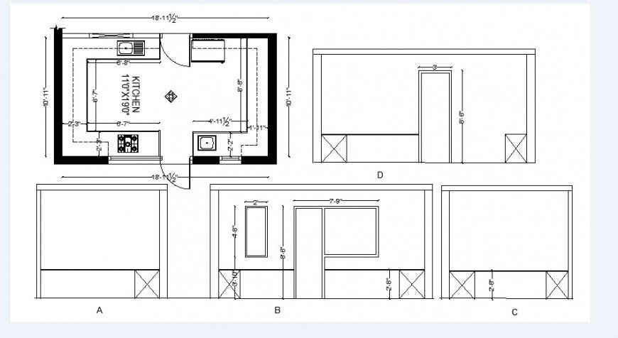 House kitchen all sided elevation and plan drawing details dwg file